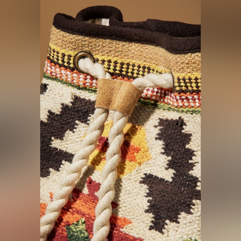 Bucket Style Backpack - Boho Ethnic Inspired Navajo Pattern - Handwoven Cotton - Picture 8 of 10